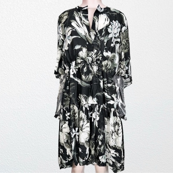 Tropical Floral Hippie Kaftan Dress Black & White SZ S/M - Picture 1 of 11